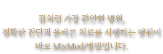 집처럼 가장 편안한 병원, 정확한 진단과 올바른 치료를 시행하는 병원이바로 MizMedi병원입니다.